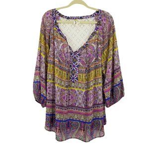 Fig and Flower Paisley Floral Sheer Boho Peasant Blouse